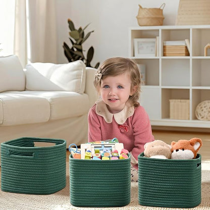 3 Pack Cube Storage Bin, 9”x9”x7” Cotton Rope Woven Baskets for Organizing Toys Clothes Towels, Square Gift Storage Baskets for Shelves, Nursery, Closet, Bathroom, Pantry (Green)