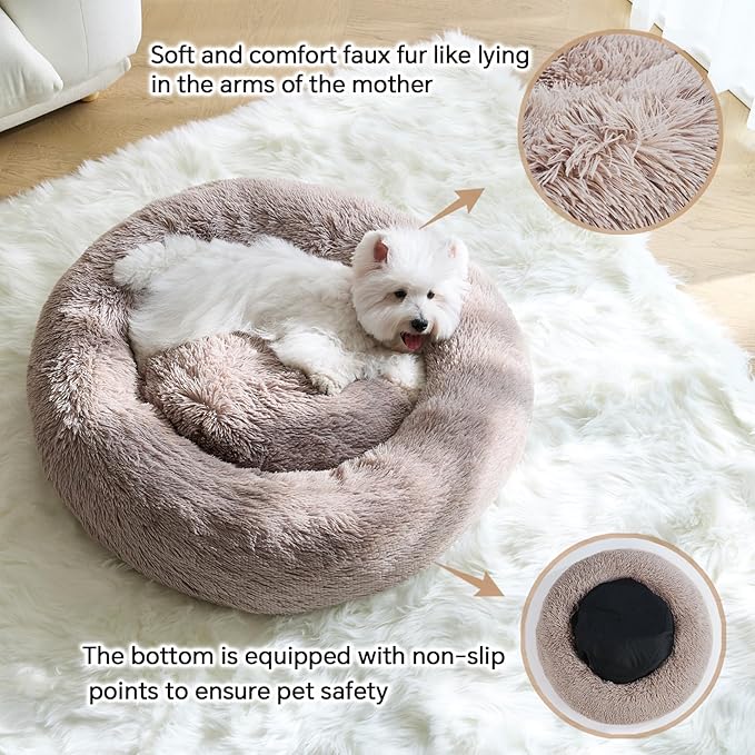 Calming Small Dog Bed, Donut Fluffy Anti-Anxiety Round Washable Cute Bed, Plush Cozy Cuddler Warming Soft Comfort Pet Bed for Small Medium Dogs Cats, 28inch,Brown