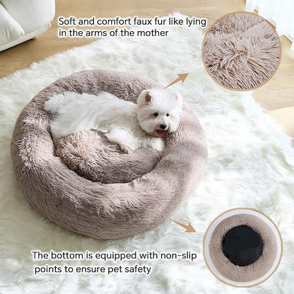 Calming Small Dog Bed, Donut Fluffy Anti-Anxiety Round Washable Cute Bed, Plush Cozy Cuddler Warming Soft Comfort Pet Bed for Small Medium Dogs Cats, 20inch,Brown