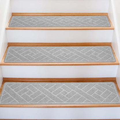 15 Pack 8 "X 30" Non-Slip Carpet Stair Treads for Indoor Wooden Steps, Made of Polyester and Reusable Adhesive, Suitable for Kids Elders and Pets（Light Grey Lines）
