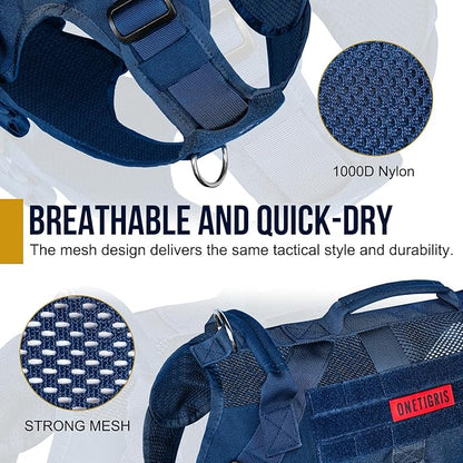 OneTigris Tactical Dog Harness for Small Medium Large Dogs, Mesh Design Service Dog Vest Breathable Military Dogs Molle Vests with Handles, Harness for Walking Hiking Training (Blue, L)
