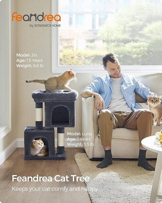 Feandrea Cat Tree, 26.4-Inch Cat Tower, Plush Condo for Kittens up to 7 lb, Large Perch, 2 Caves, Scratching Post, Smoky Gray UPCT611G01