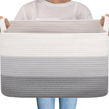 OIAHOMY Large Storage Basket, Cotton Rope Woven Blanket Basket, Toy Bin for Baby Room, Container for Blanket Storage in Living Room, 20''×16''×12'', Gradient Grey