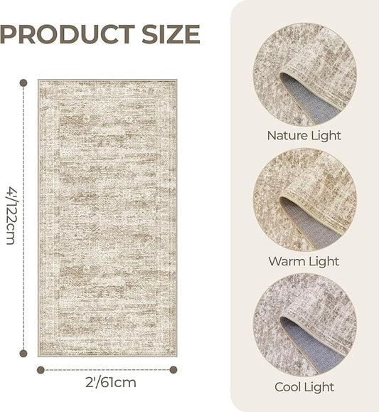 2x4 Washable Rug Runner for Bathroom, Soft Entryway Rug for Laundry Room, Kitchen, Vintage Abstract Hallway Runner for Bedroom, Anti-Slip Door Mat Indoor Entrance(2'x4', Brown/Ivory)