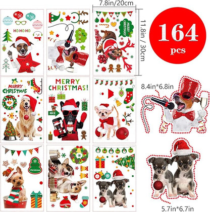 Christmas Window Cling Dog Stickers for Window Glass, 164 PCS 9 Sheets Xmas Decals Decorations Christmas Dog Tree Bells Decals for Holiday Party