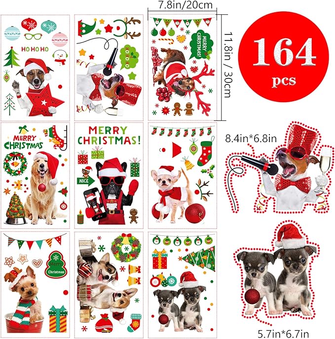 Christmas Window Clings Cat Dog Stickers for Window Glass, 290 PCS 18 Sheets Xmas Decals Decorations Christmas Cat Tree Bells Decals for Holiday Party(Dog and Cat)