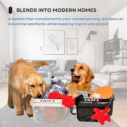 Dog Toy Basket Metal Mesh Metal, Chew Proof, 16 (L) x 9.5 (W) x 7 (H) inches Black Dog Toy Bin, Sturdy Pet Toy Basket