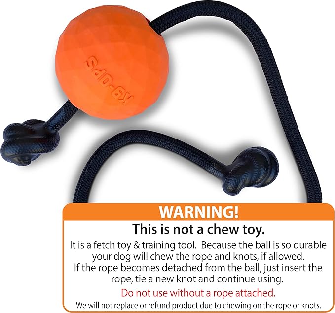 K9 Ops Dog Ball on a Rope Moki Tug Toy - Solid Rubber Fetch Training Reward - Large Dogs Durable Indestructible Chewers Pitbull Dobermann Rottweiler Shepherd (Tiger Orange - Black Rope)
