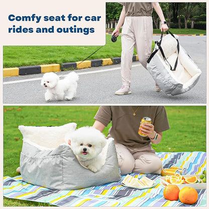 Milk and Soda Small Dog Car Seat Bed for Small Dogs Under 20 LBS with 2-Sided Pillow, Side Pockets, Built-in Leash, Machine Washable Cover (Black, Small)