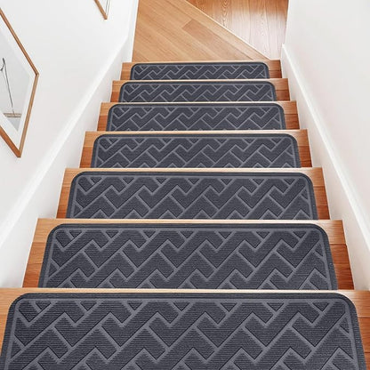 15 Pack 8 "X 30" Non Slip Stair Treads for Wooden Steps, Carpet Stair Treads Made of Polyester and Reusable Adhesive, Stair Runner Rugs for Kids, Elders and Dogs Pets (Gray)