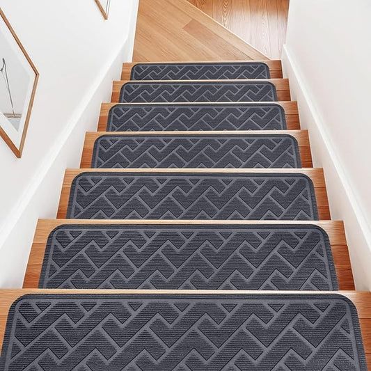 15 Pack 8 "X 30" Non Slip Stair Treads for Wooden Steps, Carpet Stair Treads Made of Polyester and Reusable Adhesive, Stair Runner Rugs for Kids, Elders and Dogs Pets (Gray)