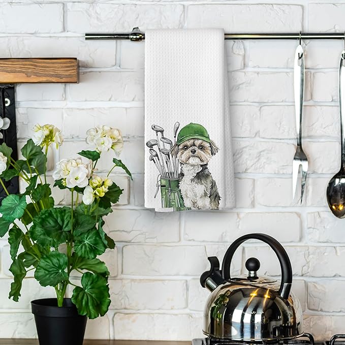 Golf Dog Kitchen Towels - Shih Tzu Dish Towels, Sports Gifts, Pet Golf Club Decorative Absorbent Dishcloths Hand Towels for Kitchen Gym Spa Decor 16x24 Inches