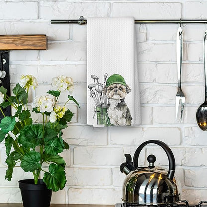 Golf Dog Kitchen Towels - Shih Tzu Dish Towels, Sports Gifts, Pet Golf Club Decorative Absorbent Dishcloths Hand Towels for Kitchen Gym Spa Decor 16x24 Inches