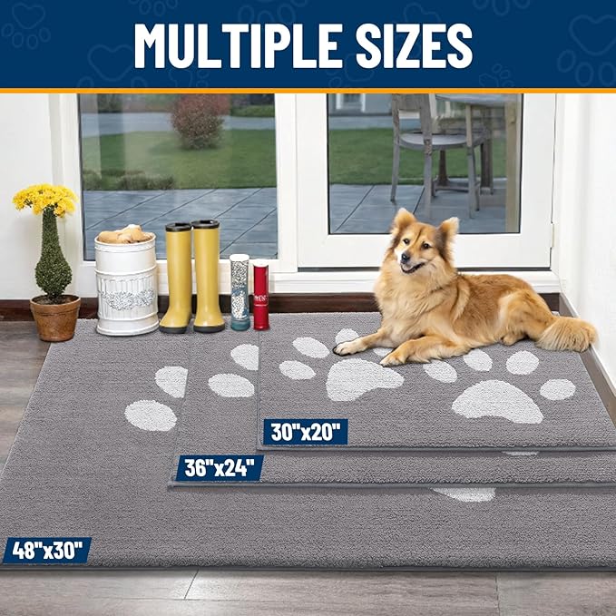 Smiry Dog Door Mat for Muddy Paws, Absorbs Moisture and Dirt, Low-Profile Entryway Mat with Non-Slip Backing, Entry Indoor Outdoor Doormat for Inside Floor (30x20 Inches, Light Grey, Paw)