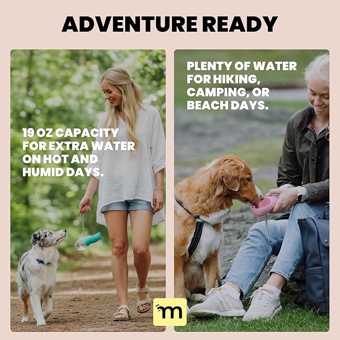 MalsiPree Leak-Proof Portable Dog Water Bottle for Travel - 19 oz, with Pink Bowl - Food Grade Plastic - Dog Bowls - Puppy Essentials - Pet Water Bottle