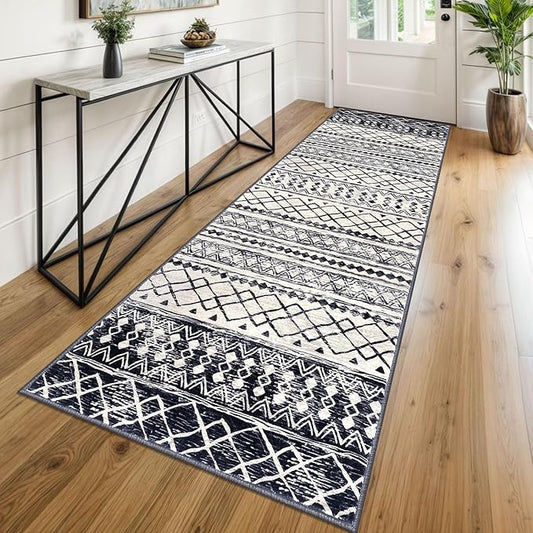 KUTA Moroccan Washable Runner Rug 2.6x8, Non-Slip Vintage Black Navy Blue Boho Hallway Runners Rugs Ultra Soft Print Distressed Geometric Floor Carpet for Bedroom Laundry Living Room