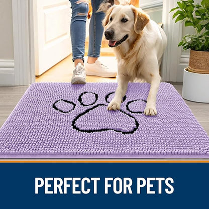 OLANLY Dog Door Mat for Muddy Paws 30x20, Paw Print Design, Absorbs Moisture and Dirt, Absorbent Non-Slip Washable Doormat, Quick Dry Chenille Mud Mat for Dogs, Entry Indoor Entryway Carpet, Lavender