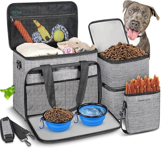 6 Set Dog Travel Bag, Large Pet Travel Kit for Supplies Includes 2 Food Containers, 1 Pet Organizer for Dogs, 2 Collapsible Bowls, 1 Treat Pouch, Dog Weekend Overnight Bag Luggage