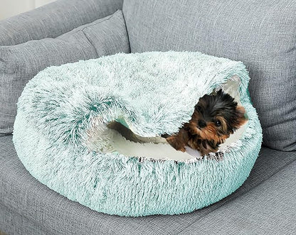 Dog Cave Bed for Small Dogs Cats Pets, Anti Anxiety Calming Plush Dog Beds, Fluffy Covered Hooded Cozy Burrow Puppy Beds, Anti-Slip Bottom Washable Pet Sleeping Bag (20" D, Green)