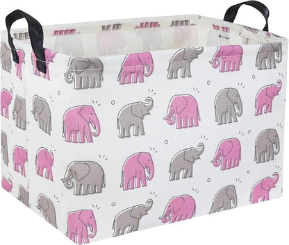 Elephant Baby Storage Bin Pink Elephant Decor for Girls Room Toy Shelf Gift Basket (Rectangular Shape, Handles for Easy Carry)