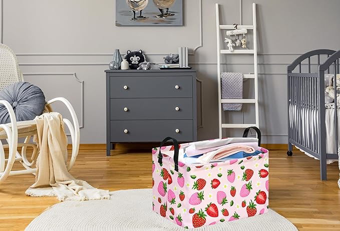Strawberry Print Storage Box Girls Gifts Basket Clothes Hamper Basket Collapsible Organizer Bin Gift Shelf Baskets for Home and Kitchen Storage.