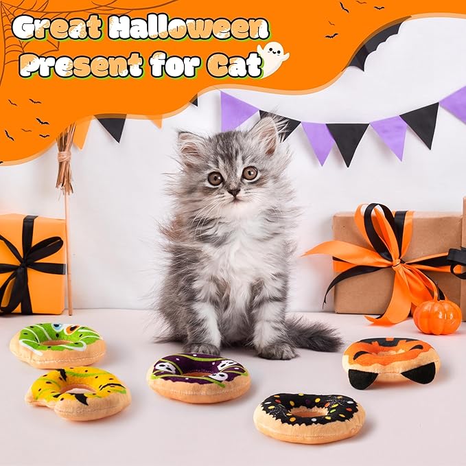 L1rabe Summer Catnip Cat Toys - 5Pcs Donut Catnip Stuffed Kittens Supplies, Funny Pumpkin Bat Spider Dessert Pet Toys, Fun Cats Chew Bite Teething Tool Catmint Birthday Interactive Supplies