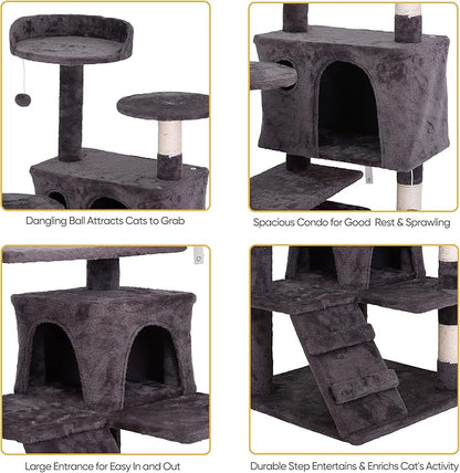 53 inches Heavy Duty Multi-Level Cat Tree Tower with Condo Furniture & Scratching Posts for Kittens Play Rest (Grey)