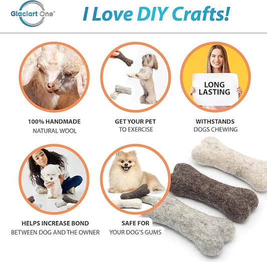 Glaciart One Felted Wool Dog Chew Bone Mini (3 Pcs)| Durable Dog Chew Toy, for Teething & Teeth Cleaning | Fetch Games & for Anxiety/Boredom | Great for Small Puppy