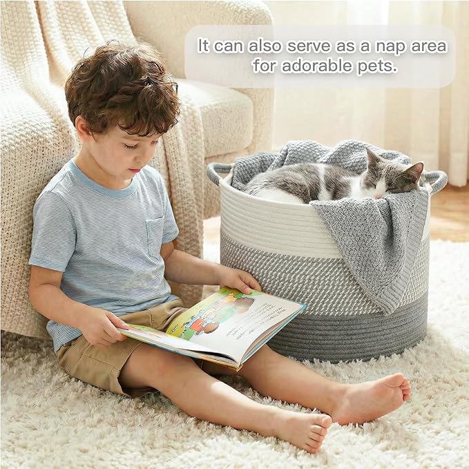 40L Large Cotton Rope Basket, Decorative Woven Blanket Storage for Living Room, Boho Toy Storage & Toy Box for Kids, Versatile Laundry Basket & Nursery Hamper for Blankets(Gery)