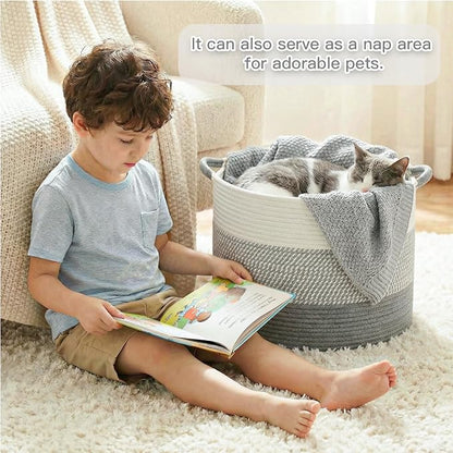 40L Large Cotton Rope Basket, Decorative Woven Blanket Storage for Living Room, Boho Toy Storage & Toy Box for Kids, Versatile Laundry Basket & Nursery Hamper for Blankets(Gery)