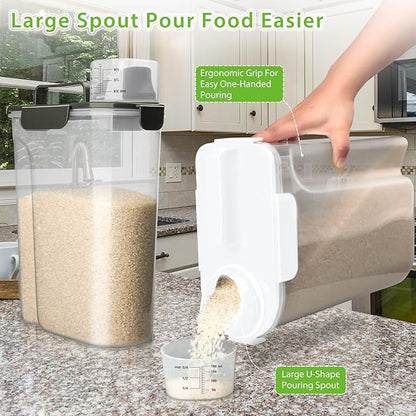 Rice Storage Container, 5 to 10lb Dry Food Airtight Dispenser, Pet Dog Cat Food Canister, BPA Free Clear Plastic Kitchen and Pantry Organization Bin for Oatmeal, Cereal, Pasta, Flour White