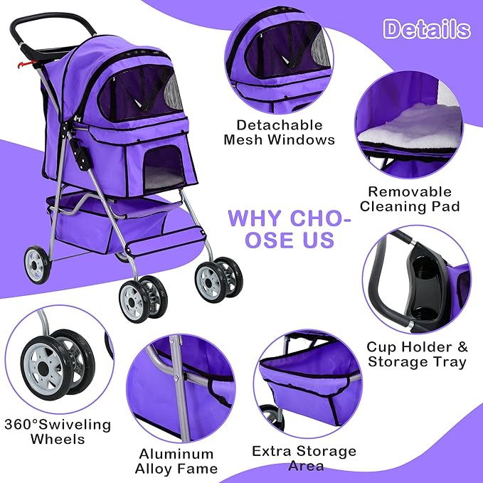 4 Wheels Dog Stroller, Foldable Pet Stroller for Small Medium Dogs, Portable Breathable Cat Stroller Dog Strollers with Storage Basket, Cup Holders, Removable Liner for Travel & Outdoor Use, Purple