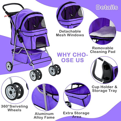 4 Wheels Pet Stroller Waterproof,Travel Stroller for Small Medium Dogs & Cats,Easy Fold with Removable Liner,Storage Basket,Purple