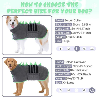 Super Absorbent Dog Bathrobe, Microfiber Bath Robe Towel for Fast Drying, Cozy Fit, Adjustable Belly Strap, Unique Dinosaur Design Dog Drying Coat for Bath, Rainy Walks & Cold Weather