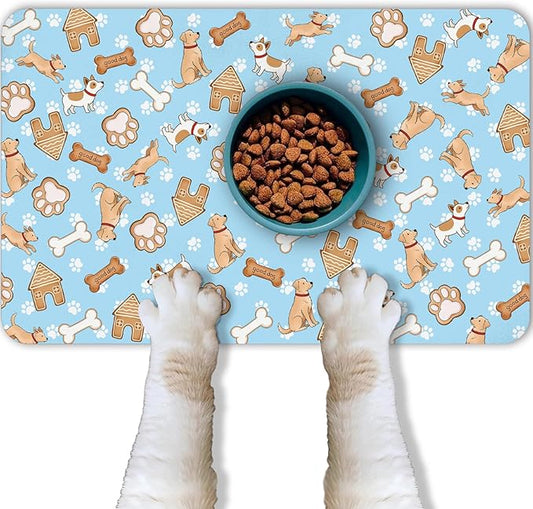 Dog Food Mat for Pet Cat Food Mat, Blue Absorbent Quick Dry Dog Bowl Mats for Food and Water, Non-Slip Cat Pet Feeding Mats for Floor Placemats 12"x20"