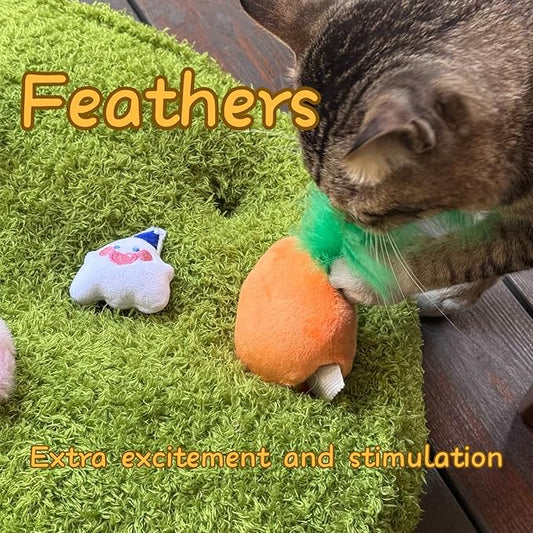 4 Pack Cat Carrot Feather Toy, Catnip Refillable Toys, Cat Kicker Toy with Treat Pockets and 6 Catnip Pouches