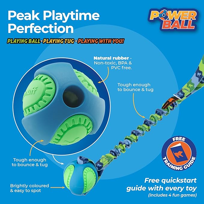 Tug-E-Nuff - PowerBall Bungee Tug | Shock Absorbing Bungee Handle | Durable Ball Toy for Dogs | Ideal for Interactive Dog Training and Dogs of All Ages | 43cm (17inches) in Size