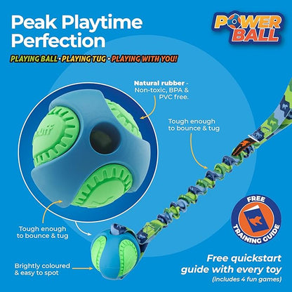 Tug-E-Nuff - PowerBall Bungee Tug | Shock Absorbing Bungee Handle | Durable Ball Toy for Dogs | Ideal for Interactive Dog Training and Dogs of All Ages | 43cm (17inches) in Size