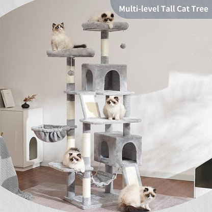 Gitelsnour Cat Tree for Indoor Cats, 71'' (180cm) Multi-Level Cat Tower for Large Adult, Sturdy Cat Tree House with 2 Scratching Boards 7 Posts, 2 Plush Perches/Condos, Hammock, Light Gray GCT032W