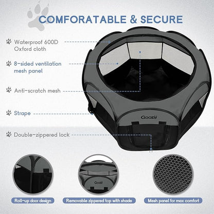 Portable Puppy Playpen Indoor, Small Dog Playpen, Pop Up Kitten Cat Play Pen Tent for Outdoor, Foldable Pet Cage Crate Kennel with Zip Gate Top Cover Bottom for Travel Camping RV Car (Black)