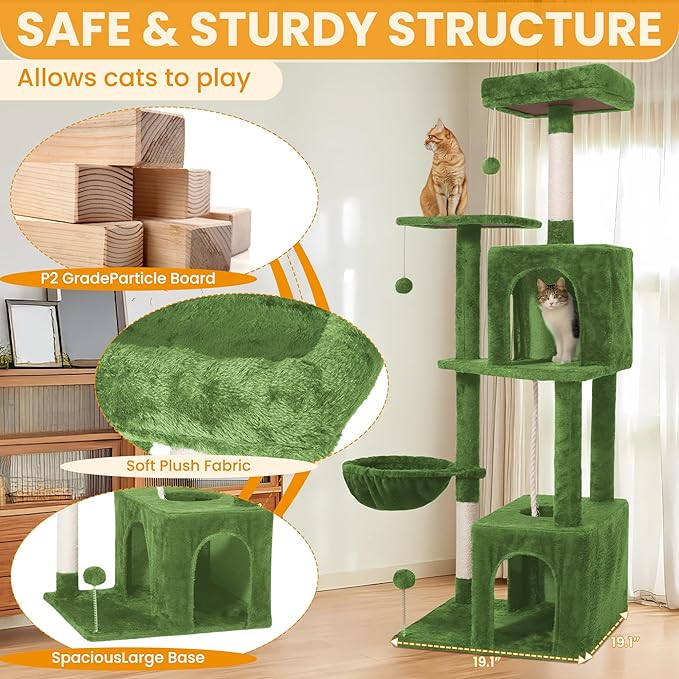 Cat Tree, 54-Inch Cat Tower for Indoor Cats, Soft Plush Multi-Level Climbing Cat Condo with Scratching Posts, Basket, Perches,2 Caves,2 Pompoms Play House for Cat(Green)