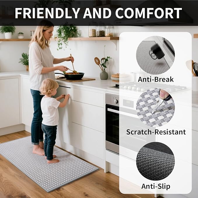 Kitchen Mat Kitchen Rugs Sets of 2 PCS Non Slip Washable, Super Absorbent Soft Braided Kitchen Mats for Floor, Rubber Backing Comfort Standing Kitchen Sink Mat Runner Rug, Gray 17"x28"+17"x47"