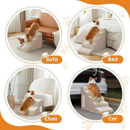Dogs Steps for Bed, Dog Stairs for Small Dogs, 4-Step Dog Ramp for Bed, Couch, Sofa, and Chairs, Non-Slip Bottom Design, Cat Scratching, High Density Foam Portable Pet Step, Indoor, Beige