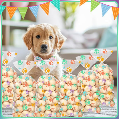 Blulu 100 Pieces Dog Treat Bags Puppy Party Favor Pet Paw Cone Cellophane Bags Candy Heat SealableDog Paw Gift with 100 Pieces Silver Twist Ties for Pet Cat Treat Party Favor (Spring Colors)