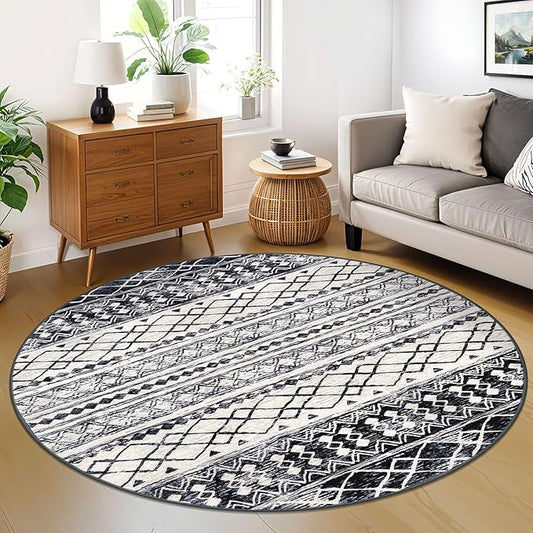 KUTA 6Ft Round Boho Rug for Living Room, Moroccan Washable Circle Area Rugs Non Slip, Black Navy Blue Soft Geometric Bedroom Throw Low-Pile Carpet for Nursery Dorm