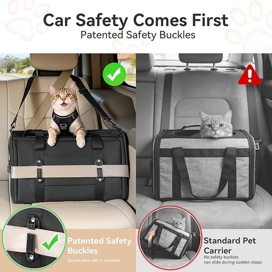 PETSFIT Soft-Sided Cat Carrier with Patented Safety Buckles, Lockable Zippers & Safety Tether,Escape-Resistant Travel Pet Carrier for Car Rides & Vet Visits, Airline Approved Under-Seat, Up to 12 lbs