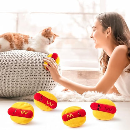 L1rabe Hot Dog Catnip Stuffed Toys - 5 Summer Gift Funny Hot Dog Cat Toys Indoor Yellow Interactive Pet Supplies, Kitten Chew Bite Tools Cat Lovers Gifts, Organic Eco-Friendly Birthday Present