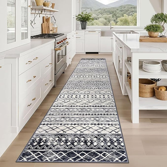 KUTA Boho Runners for Hallways 2.6x12 ft Moroccan Washable Runner Rug Non-Slip Vintage Black Navy Blue Kitchen Rugs Ultra Soft Geometric Floor Carpet for Bedroom Laundry Living Room