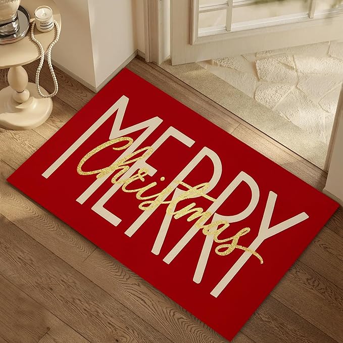 Merry Christmas Door Mats Indoor,Winter Holiday Red Front Door Mat Non-Slip Low Profile Welcome Mat for Outdoor Entrance Indoor Rug Mat Home Patio, Porch, Hallways Floor 30 x 17 Inch