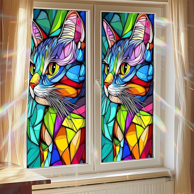 Stained Glass Window Film 17.7 x 39.3 Inch Colorful Cat Window Privacy Film Stained Decals Static Cling Sun Blocking Decor for Home Office Windows Doors Glass Partitions 17.7x39.3 inch